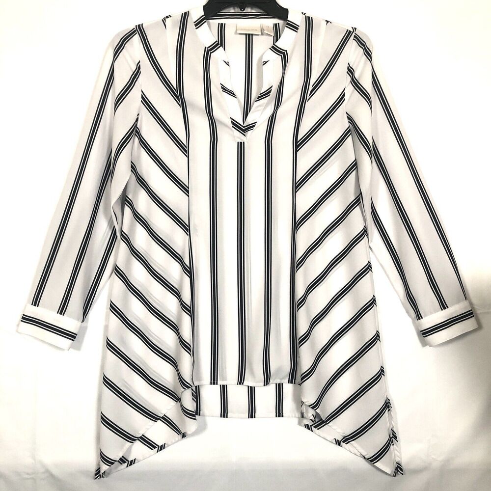Chicos Pullover Tunic Top 3/4 Sleeve V-Neck High Low Hem Black White Stripe